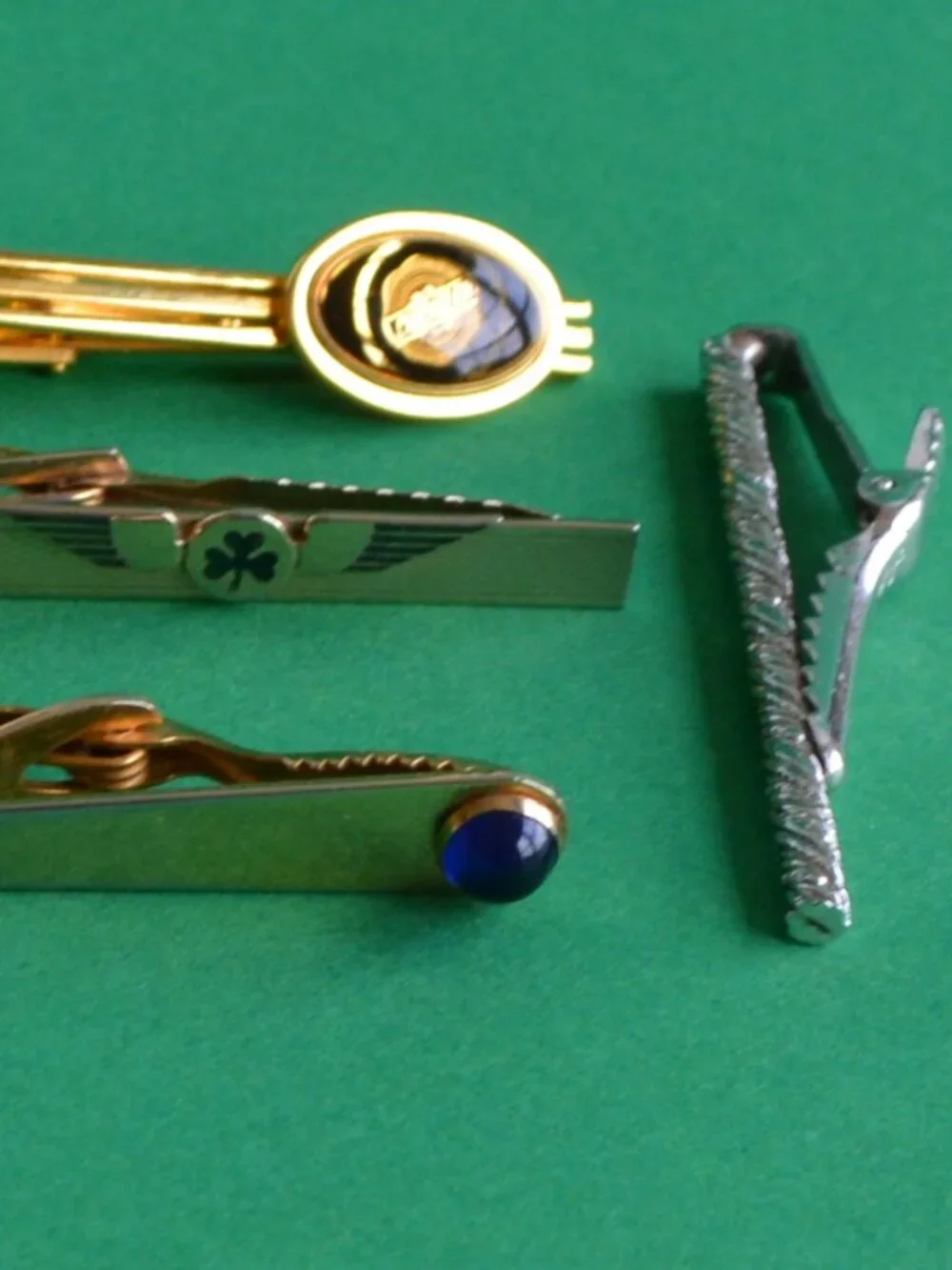 Set of 4 Tie Clasps/Tacks-Chrysler, Square, Blue Stone, Rope, and Central Wing